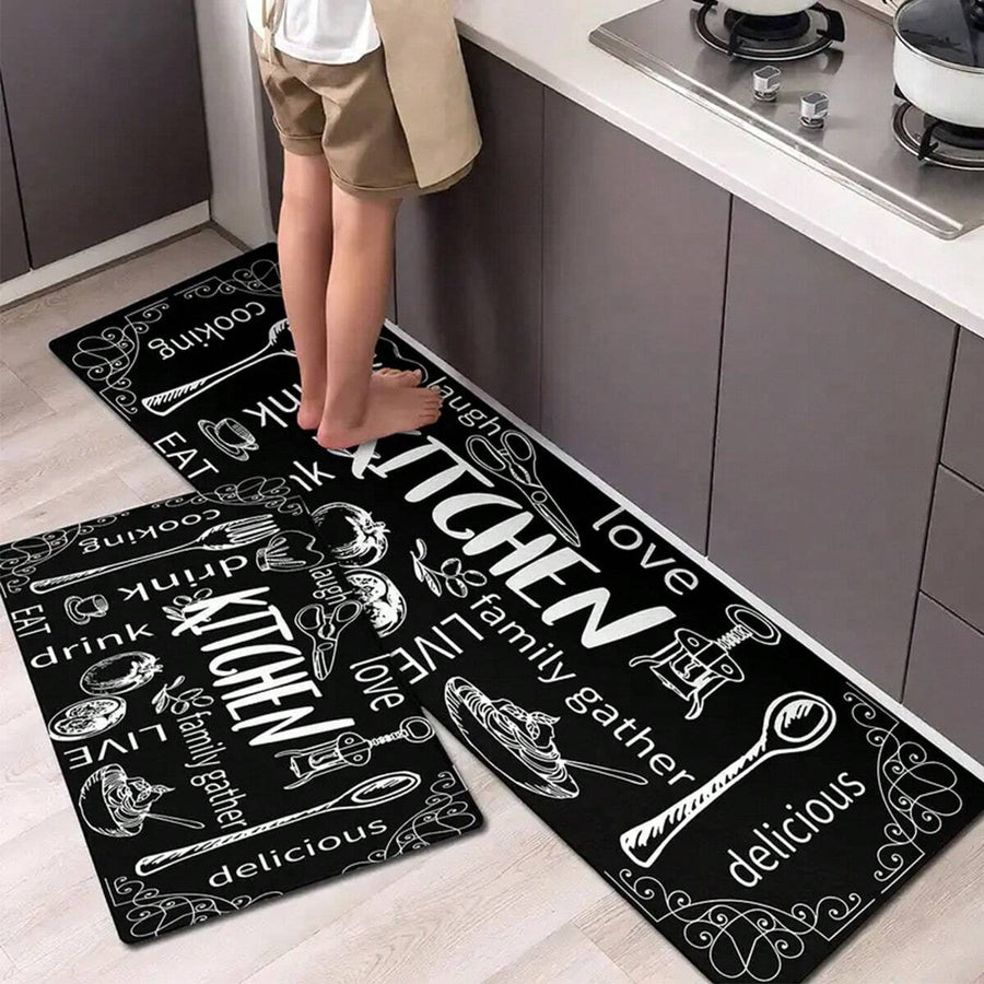 1/2/3 Pcs "Kitchen Is The Heart Of Home" Non-Slip Polyester Floor Mat, Knife & Fork Pattern Design - Lightweight, Non-Slip Backing, Durable, Suitable For Indoor & Outdoor, Kitchen Decor Mat | Holiday Kitchen Mat | Polyester Mat, Kitchen Decor