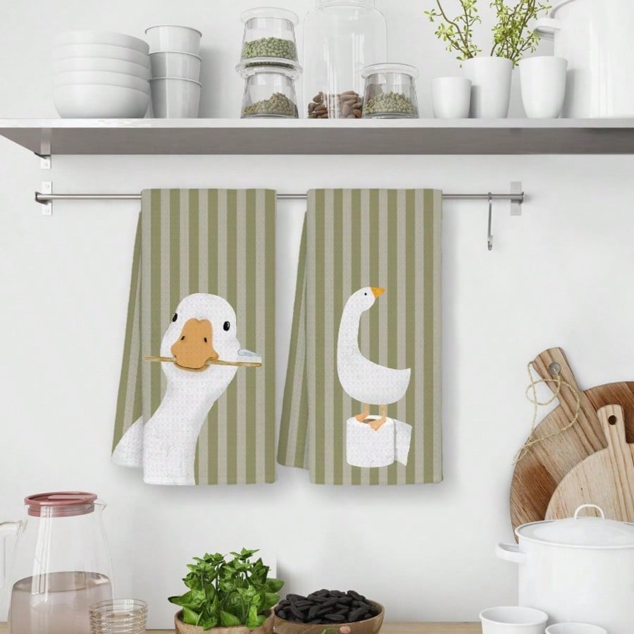 Farmhouse Goose Kitchen Towels Set, Green Stripe Decorative Hand Towels, Soft Microfiber Dish Cloths, Double-Sided Printed, Absorbent Quick-Dry Towels For Kitchen Counter, Bathroom Decor, Country Cottage Home Style, 16x24 Inch, 2/4/6/8/10/12PCS