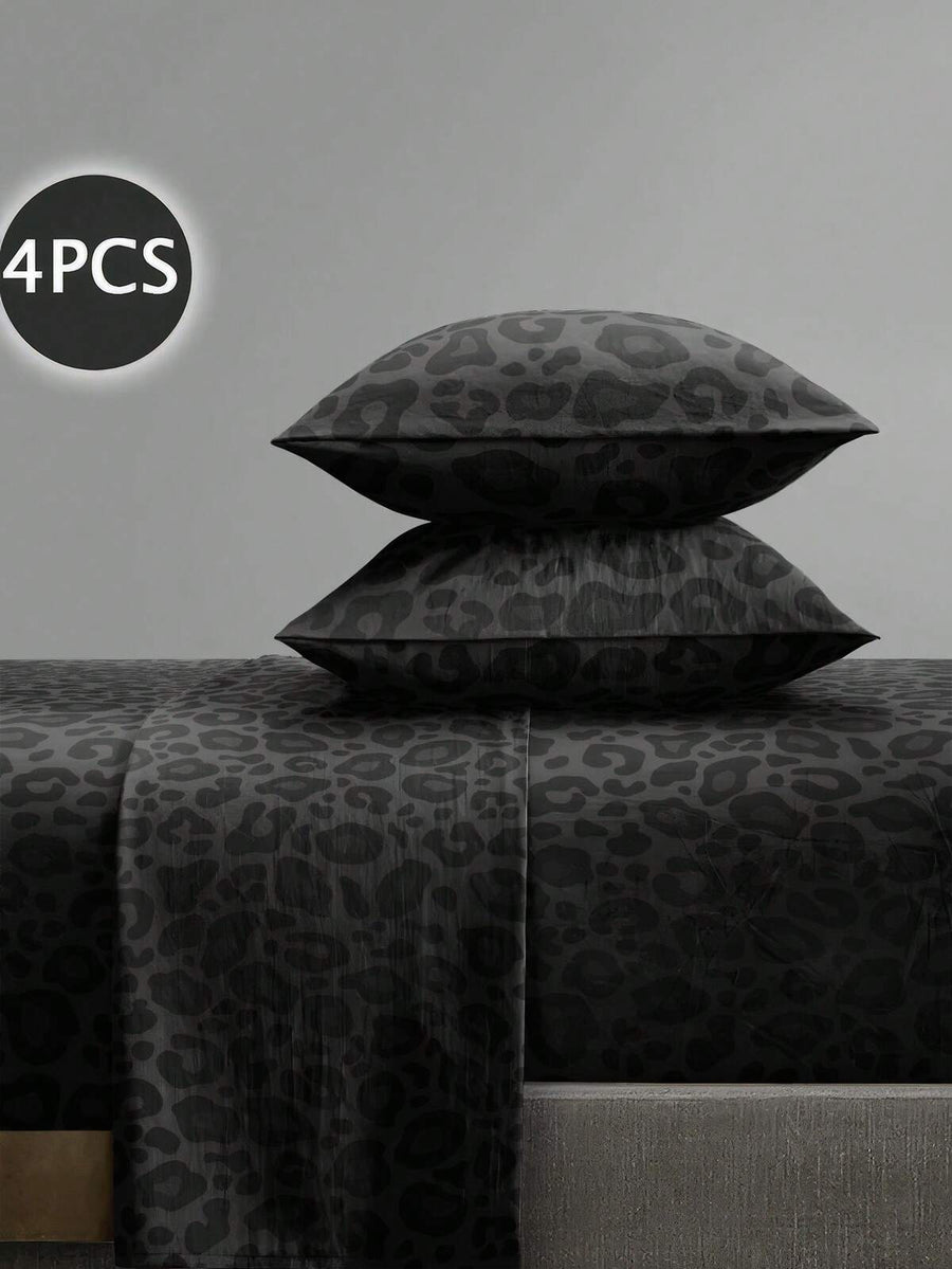 4-Piece Black Leopard Print Bedding Set, Includes 1 Fitted Sheet, 1 Flat Sheet, 2 Pillowcases (Pillow Inserts Not Included). Suitable For King, Queen, Full, Twin Sizes, Fits Up To 11.8 Inch Deep Mattresses. Soft, Breathable And Wrinkle-Resistant