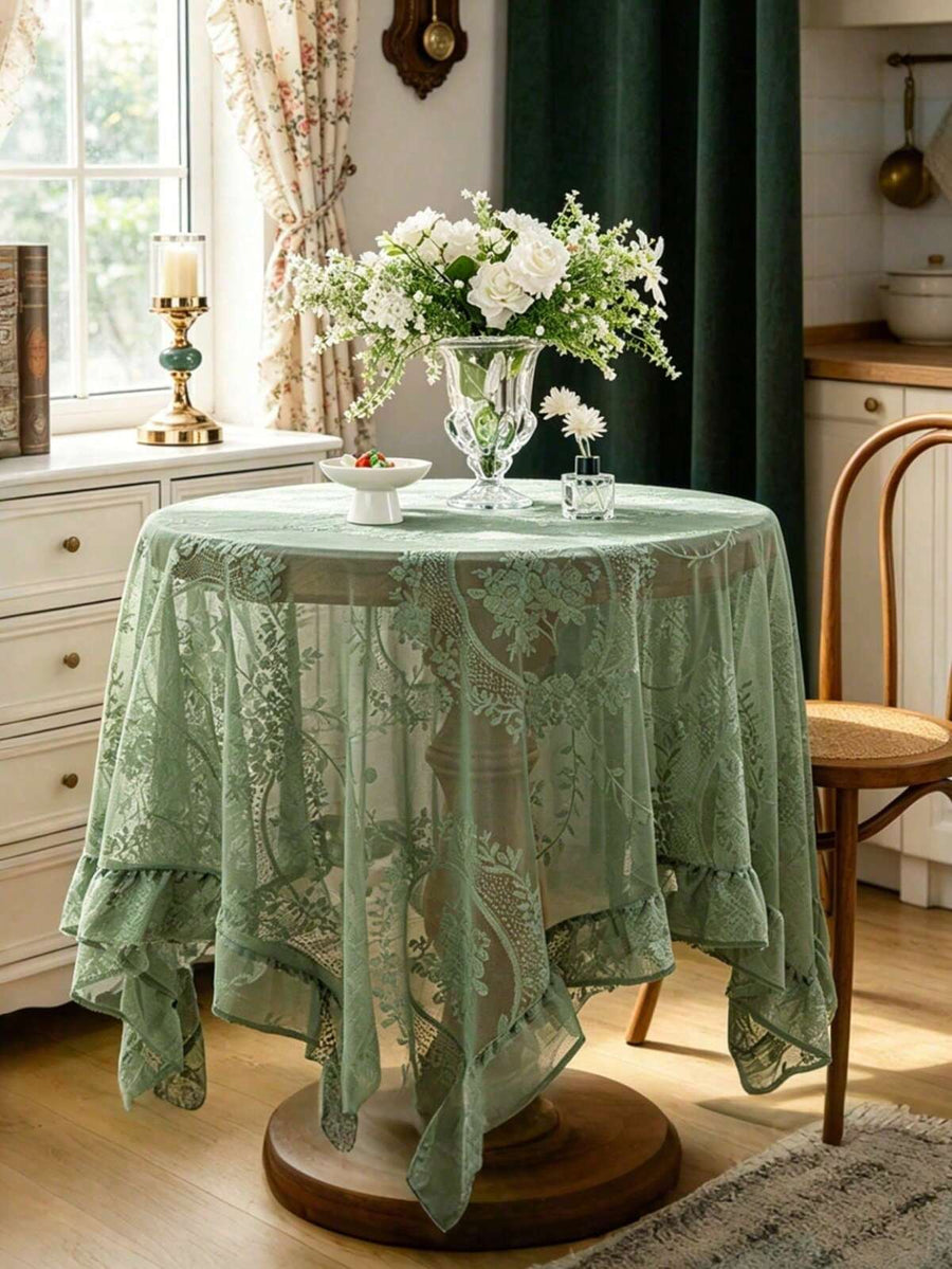 1pc White Hollow Lace Ruffled Tablecloth, Elegant Romantic Rectangular Table Decor Cloth, Suitable For Weddings, Celebrations, Home Decor, Parties, Hotels, All Seasons