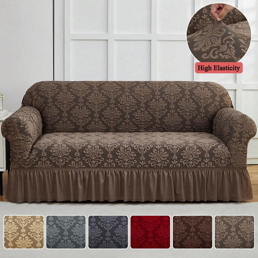 XM-Mirelitho 1pc 3D Textured Floral Design Jacquard Sofa Cover With Ruffle Skirt, Stretch Full Coverage Couch Slipcover For 1/2/3/4 Seater Sofa Elegant Washable Furniture Protector For Living Room